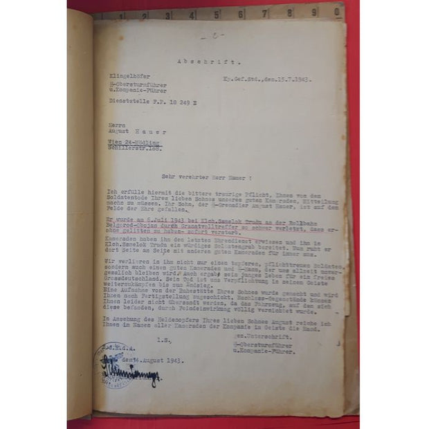 SS TOTENKOPF DEATH FILE FOR WAFFEN SS-MANN AUGUST HAUER