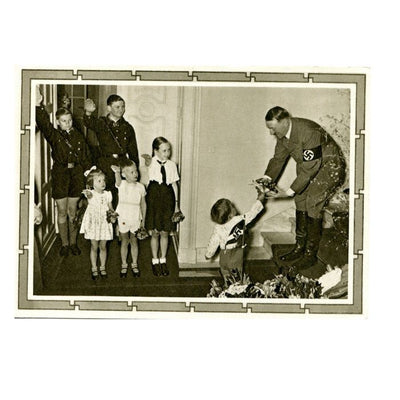 ADOLF HITLER WITH HJ AND CHILDREN POSTCARD