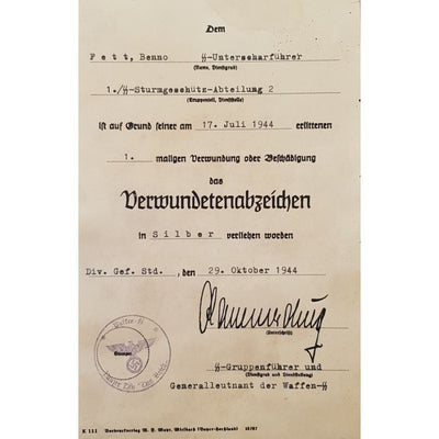 BLACK WOUND BADGE AWARD DOCUMENT FETT, BENNO HITLERJUGEND SS UNTERSCHARFUHRER