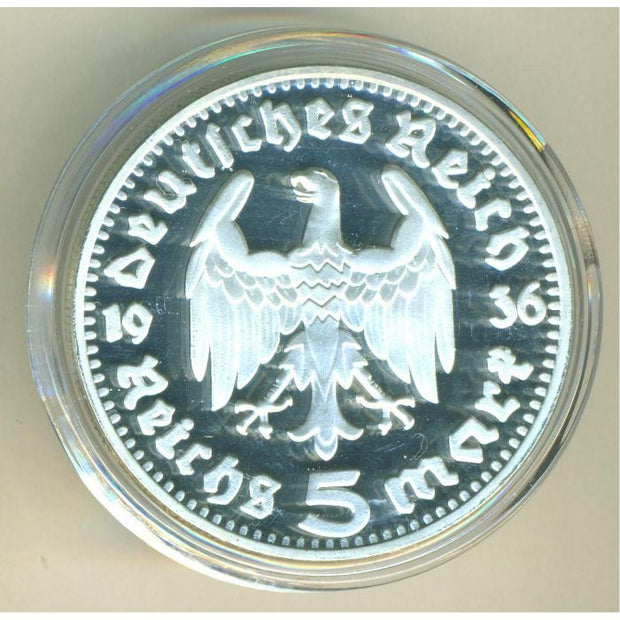 GERMAN WWII HINDENBURG 1936 SILVER 5 REICH MARK COIN