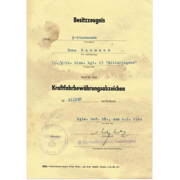 GERMAN DRIVER PROFICIENCY BADGE AWARD DOCUMENT (Kraftfahrabzeichen)