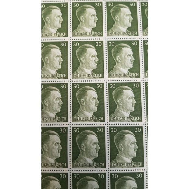 FULL AND COMPLETE GERMAN WWII HITLER HEAD STAMP SHEET OF 100 STAMPS 30 RPF VALUE. FULL GUM