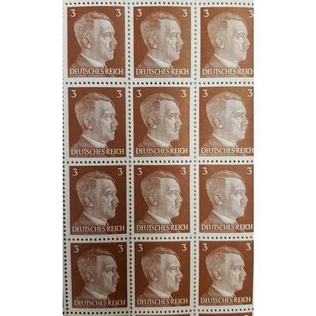 FULL AND COMPLETE GERMAN WWII HITLER HEAD STAMP SHEET OF 100 STAMPS 3 RPF VALUE. FULL GUM