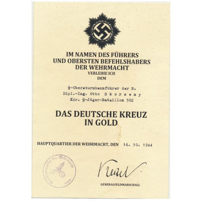 GERMAN CROSS IN GOLD SS OBERSTURMBANNFUHRER WERNER DAMSCH DOCUMENT