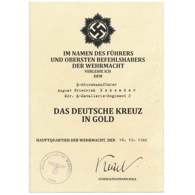 GERMAN CROSS IN GOLD LEUTNANT WALTHER NOWOTNY DOCUMENT
