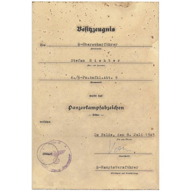 GERMAN PANZER ASSAULT SILVER SS - STURMMANN OLAF KRAUSS DOCUMENT
