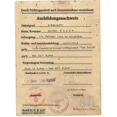 GERMAN PRACTICE PAK 431 AND FLAK 18 SS KANONIER BALDUR KLEIN 1.SS PZ ARTILLERIE RGT DAS REICH DOCUMENT