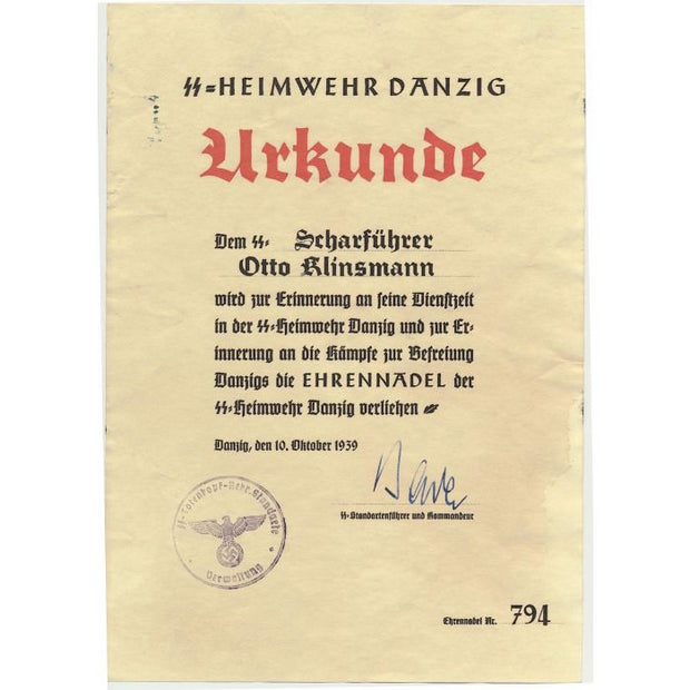 GERMAN SS STURMMAN FRANZ ROSLOMSKI DOCUMENT