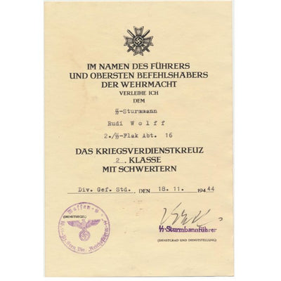 GERMAN WAR MERIT CROSS 2nd CLASS WITH SWORDS SS STURMMANN RUDI WOLFF 2./SS FLAK ABT 16 DIVISION RFSS DOCUMENT