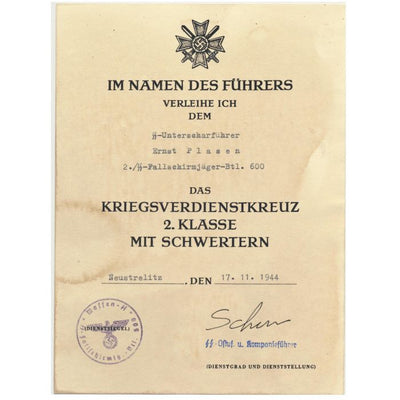 GERMAN WAR MERIT CROSS 2nd CLASS WITH SWORDS SS UNTERSCHARFUHRER BOGAN TESLA DOCUMENT