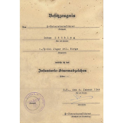 GERMAN WW2 INFANTRY ASSAULT BADGE BRONZE AWARD DOCUMENT FOR LUKAS STUBING