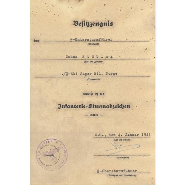 GERMAN WW2 INFANTRY ASSAULT BADGE BRONZE AWARD DOCUMENT FOR LUKAS STUBING