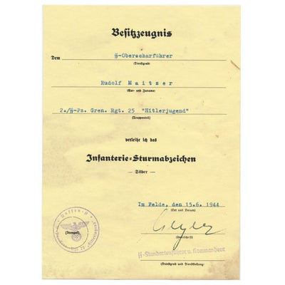 GERMAN WW2 INFANTRY ASSAULT SILVER BADGE AWARD DOCUMENT FOR RUDOLF MAITZER
