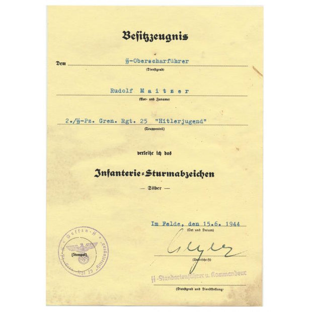 GERMAN WW2 INFANTRY ASSAULT SILVER BADGE AWARD DOCUMENT FOR RUDOLF MAITZER