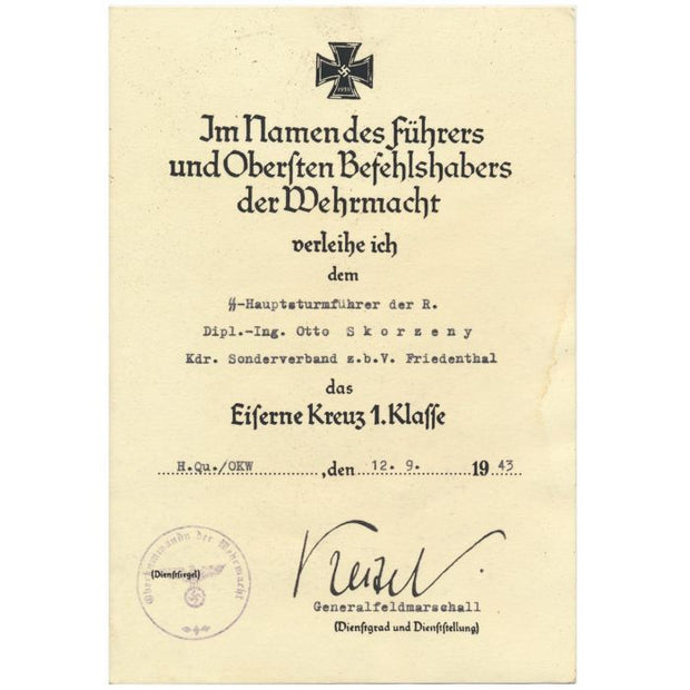 IRON CROSS 1ST CLASS SS OBERSCHARFUHRER WOLF JOBKEL DOCUMENT