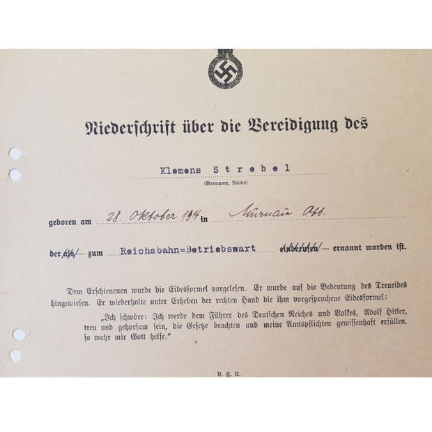 OATH OF LOYALTY TO HITLER DEUTSCHE REICHSBAHN DOCUMENT