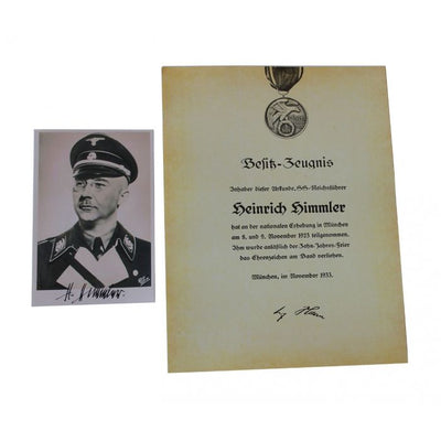 HEINRICH HIMMLERS BLOOD ORDER CERTIFICATE AND PHOTOGRAPH