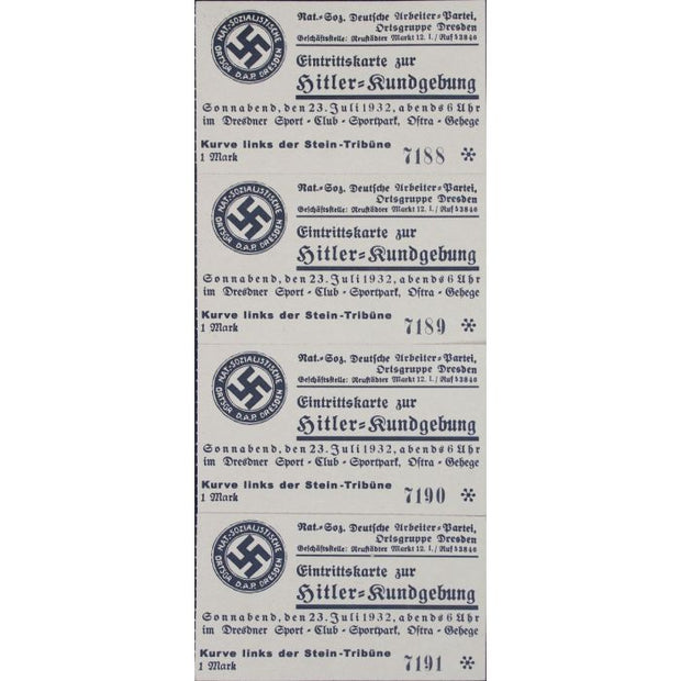 4 TICKETS TO AN ADOLF HITLER RALLY IN DRESDEN ON JULY 23, 1932  - REPRODUCTION