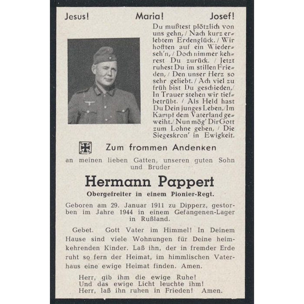 GERMAN WW2 DEATH CARD FOR PIONEER REGIMENT SOLDIER HERMANN PAPPERT