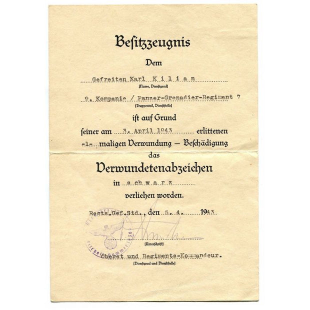 GERMAN WW2 BLACK WOUND BADGE AWARD DOCUMENT