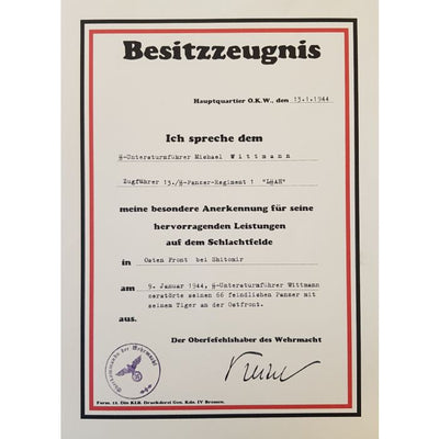 REICHSFUHRER SS CITATION DOCUMENT SS-UNTERSTURMFUHRER MICHAEL WITTMANN