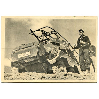 UNSERE WAFFEN SS POST CARD "ARMORED RECONNAISSANCE CAR AFTER THE ACTION"